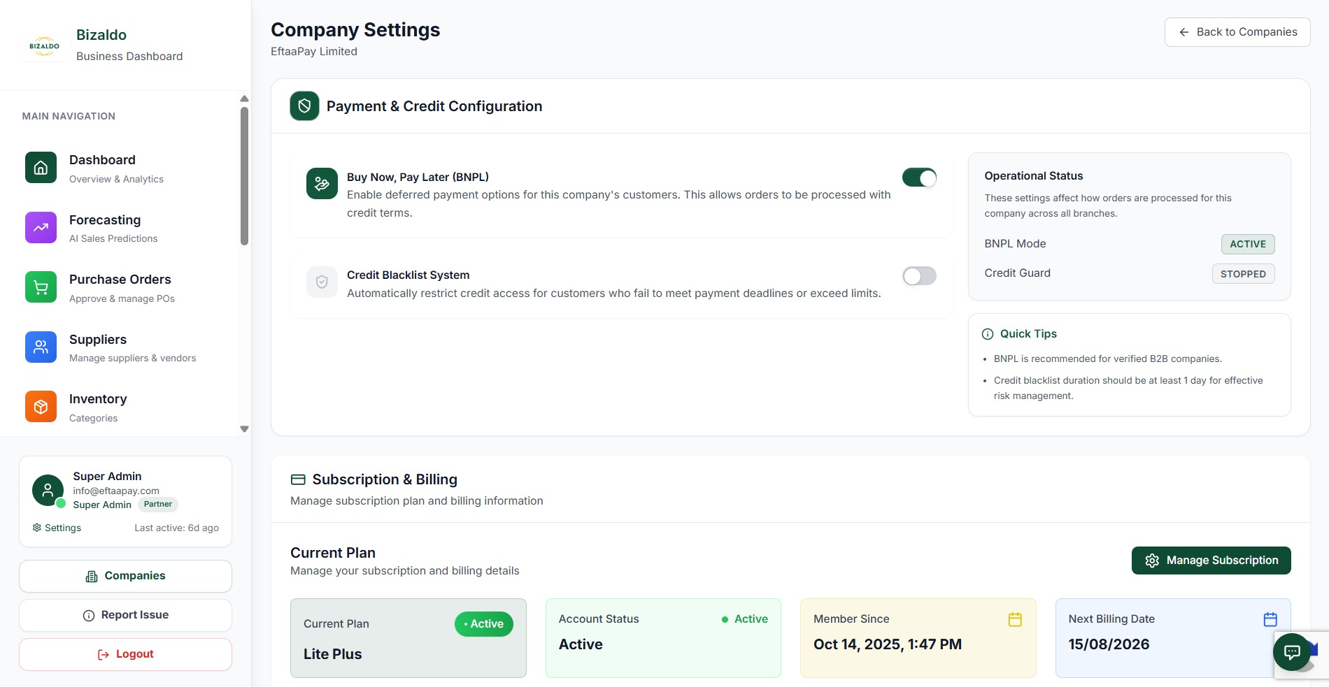 Company Settings — payment, credit, and subscription