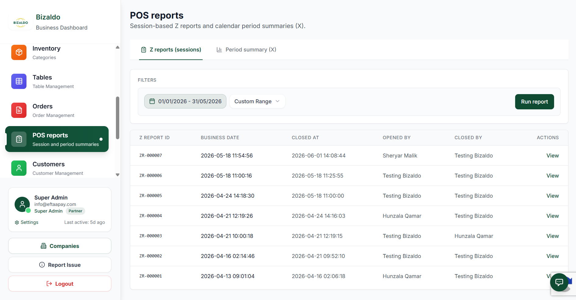 POS reports — Z reports (sessions) tab